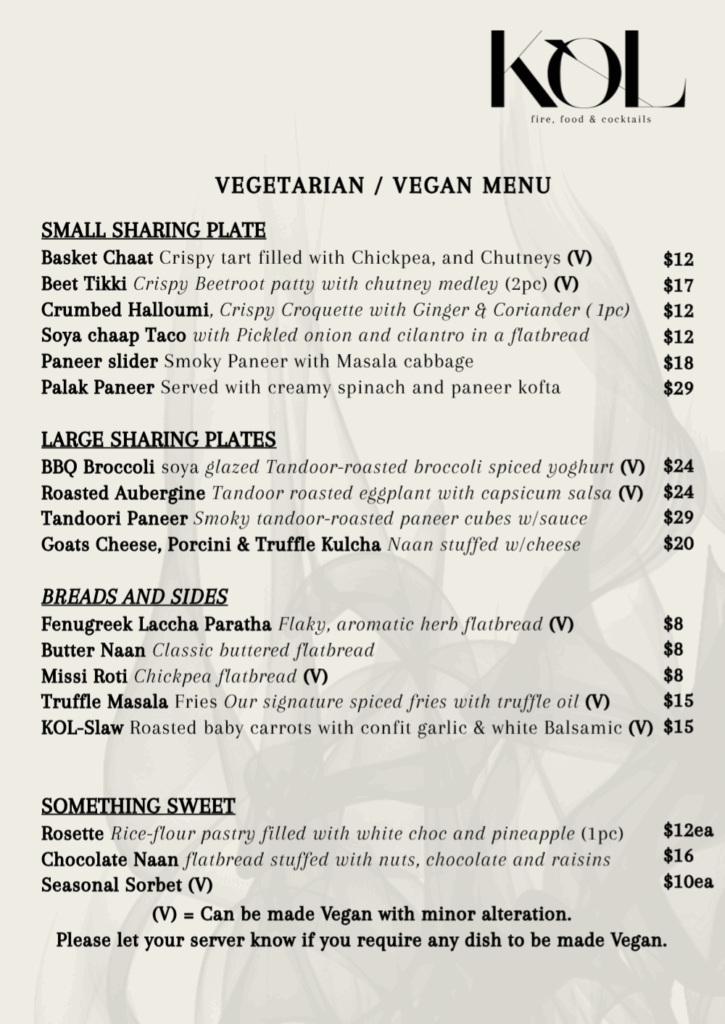 Vegan Vegetarian Food Menu